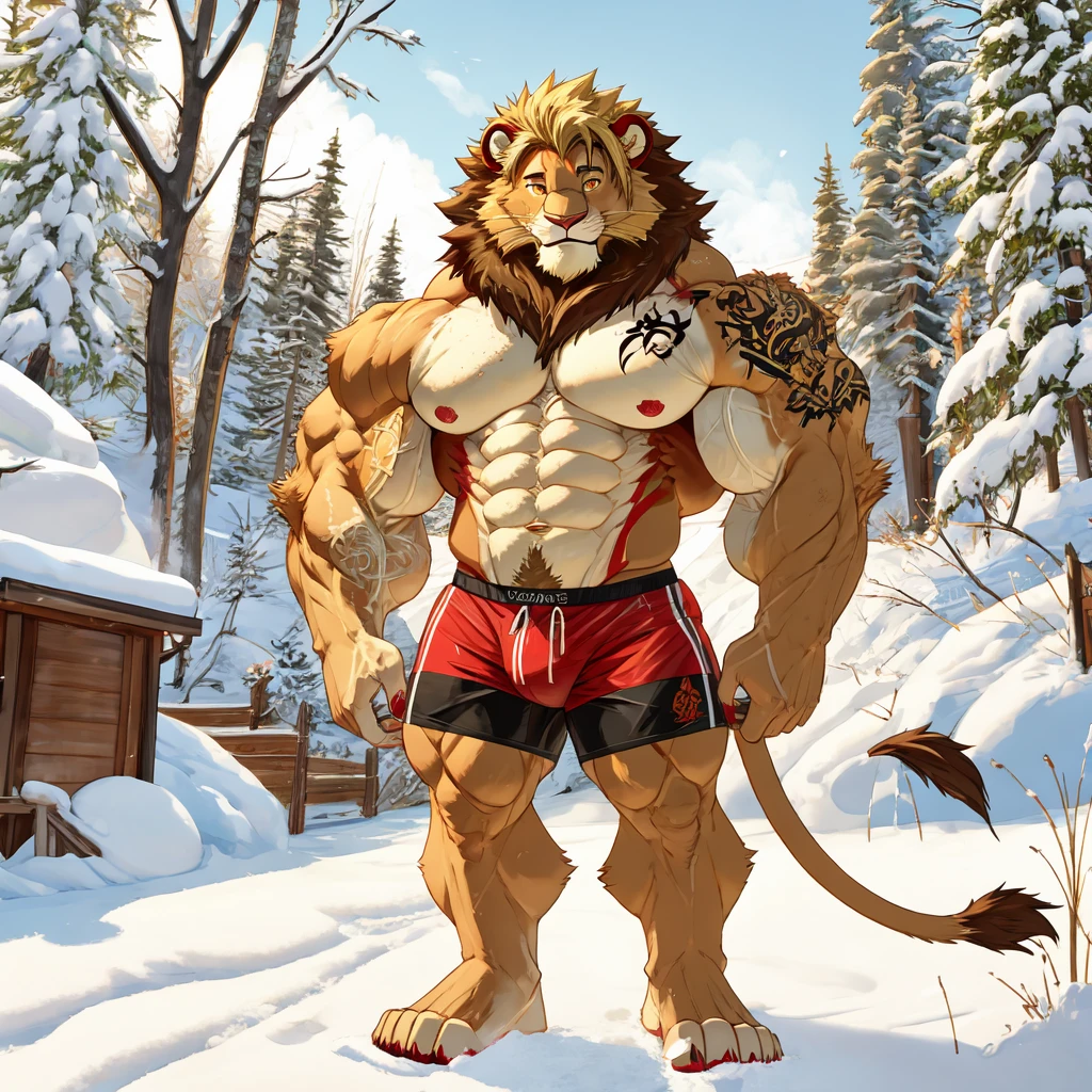 (masterpiece, Best quality:1.2), Lion Boy, Naked, winter, body covered in red fur, Furry style, sexual, horny, very muscular wild ,full height,very short blond hair,freckles on the body and face,amber eyes,defined muscles,sharp focus, friendly, in speedos, tatoo over biceps