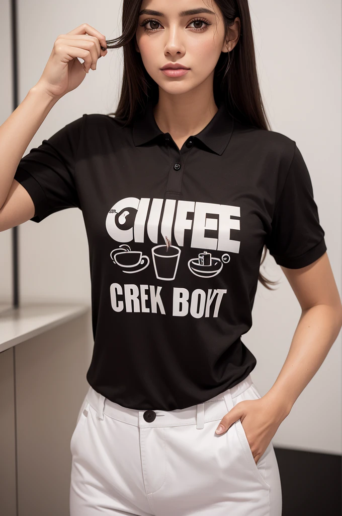 Por favor criar design de camiseta polo com o nome "Coffee break" cor da camisa preta nome da marca dourada