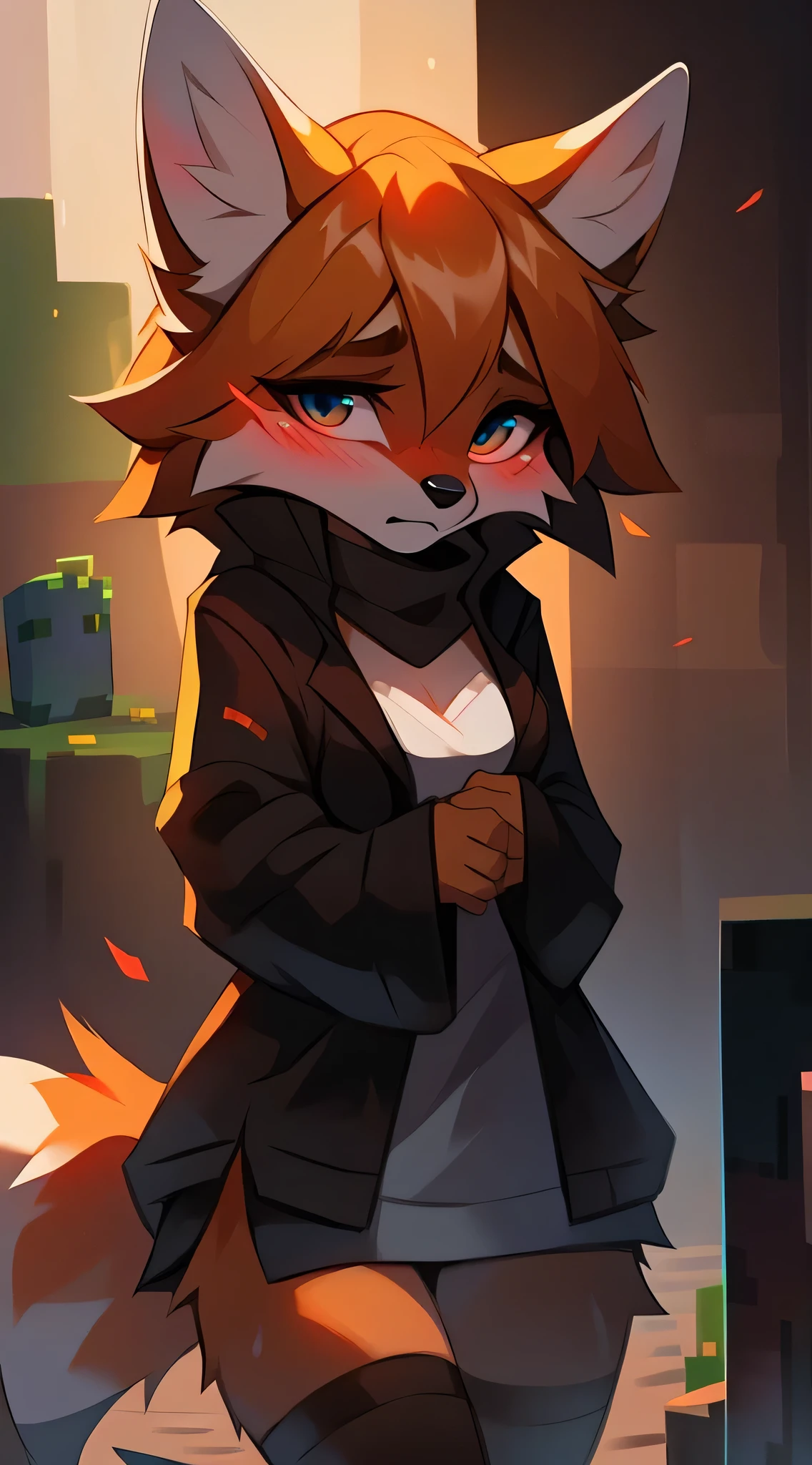 wild fox, minecraft wolf character, shy, female, hyilpi art