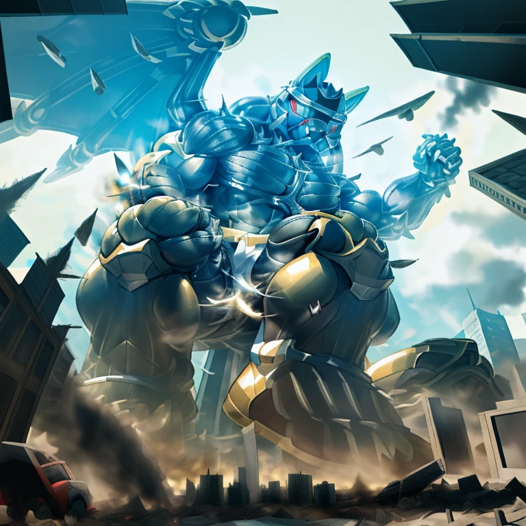 (masterpiece. official art. 8k. best quality. detailed full body. full body.)
A man in stylish armor fights against the magnificent biomechanical LUCARIO.
(situation 1 : dominating LUCARIO. focus GIANT mechanical Muscular LUCARIO is trampling the CITY. macro. stomp. Low-angle perspective. emphasizing the immense size. The perspective is from below, emphasizing the sheer majesty and power of the Giant. giant art. He is much bigger than a skyscraper. Giga Giants. micro soccer field. looking down.)

(situation 2 :smoke and flames rising from the destruction in the city)

(Additional details 1: wearing a full-face helmet. helmet is jet black. The color of NANOSUIT is jet black. high-tech bio-mecha armor. real texture material. whole body shines like metal. Wearing cyberpunk mecha. emphasizes the muscles. suit fully made of metal. intricate armor. Robotic suit. suit fully made of metal. NANOSUIT with the same design as LUCARIO.).

(Additional details 2: (Detailed head. Detailed Body. Detailed abs. gigantic muscles. HYPER MUSCLES. Gigachad Muscular. big muscle. pecs. triceps. traps. unusually developed muscular body. body full of huge muscles. showing off muscles. pectorales enormes. Exaggeratedly huge muscles. huge muscles. long legs.).

(Additional details 3: nj5furry, Spread wings. It has wings. black have big wings. The claws are sharp. Sharp teeth.5 toes.). 