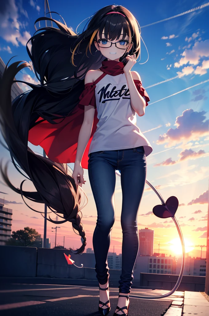 small, small, Black Hair, blue eyes, demon tail, hair band, Long Hair, mechanical tail, Multicolored Hair, tail, smile,Grin,tooth,Black-rimmed glasses,Cold shoulder tops,Short sleeve,Skinny jeans,Stiletto heels,morning,morning陽,The sun is rising,Walking,whole bodyがイラストに入るように,
break looking at viewer, whole body,
break outdoors,Building district,
break (masterpiece:1.2), Highest quality, High resolution, unity 8k wallpaper, (figure:0.8), (beautiful detailed eyes:1.6), extremely detailed face, Perfect lighting, extremely detailed CG, (Perfect hands, Perfect Anatomy),