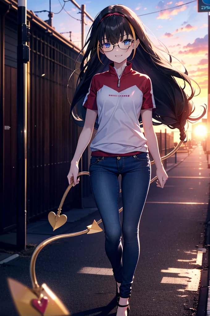 small, small, Black Hair, blue eyes, demon tail, hair band, Long Hair, mechanical tail, Multicolored Hair, tail, smile,Grin,tooth,Black-rimmed glasses,Cold shoulder tops,Short sleeve,Skinny jeans,Stiletto heels,morning,morning陽,The sun is rising,Walking,whole bodyがイラストに入るように,
break looking at viewer, whole body,
break outdoors,Building district,
break (masterpiece:1.2), Highest quality, High resolution, unity 8k wallpaper, (figure:0.8), (beautiful detailed eyes:1.6), extremely detailed face, Perfect lighting, extremely detailed CG, (Perfect hands, Perfect Anatomy),