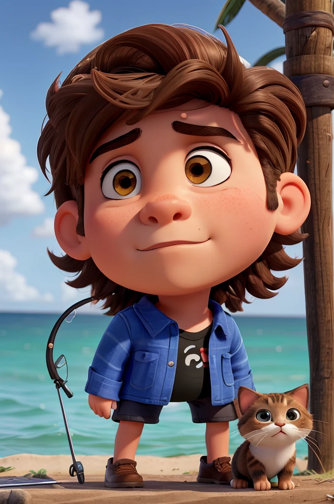Retrato realista de um garoto de sete anos, ele usa uma camisa preta, your hair is brown and your face is sad. Behind him there is a fisherman with a fishing rod, uma mulher adulta e um pouco gorda, um garoto ruivo de sete anos e um gato