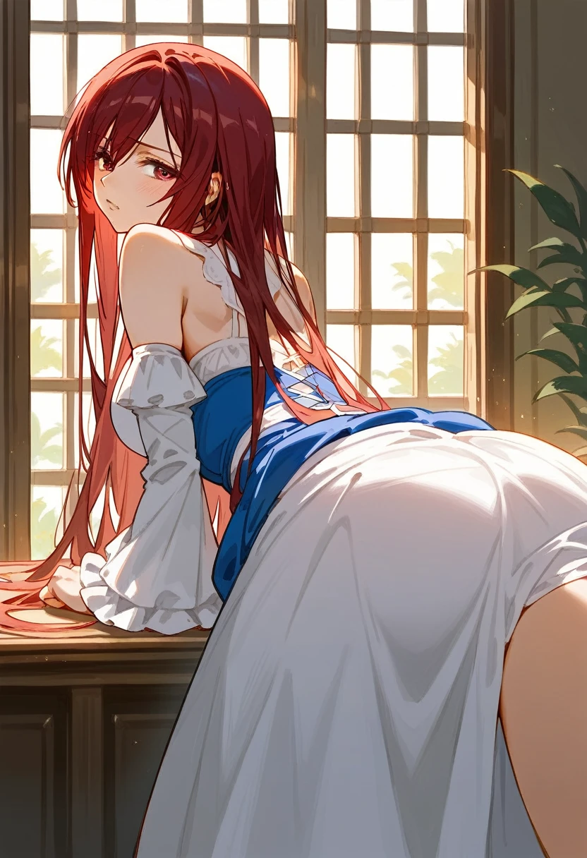 (masterpiece, best quality:1.2), (1girl, solo), (High quality:1.4), (High detailed:1.2), Sakimi-chan, Erza Scarlet, a girl with 18 years old, (dress), (Doggy style), 