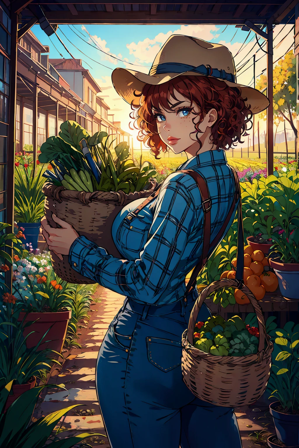 (best quality,4k,8k,highres,masterpiece:1.2),ultra-detailed,realistic,red-haired girl with freckles,beautiful detailed eyes and face,smug expression,sassy attitude,cute girl,curly red hair,plaid shirt,denim overalls,hat,farmer boots,brown curly hair,long eyelashes,thick booty,farm background,holding a basket of fresh vegetables,gardening tools,morning sunlight,vivid colors,rustic style,soft lighting