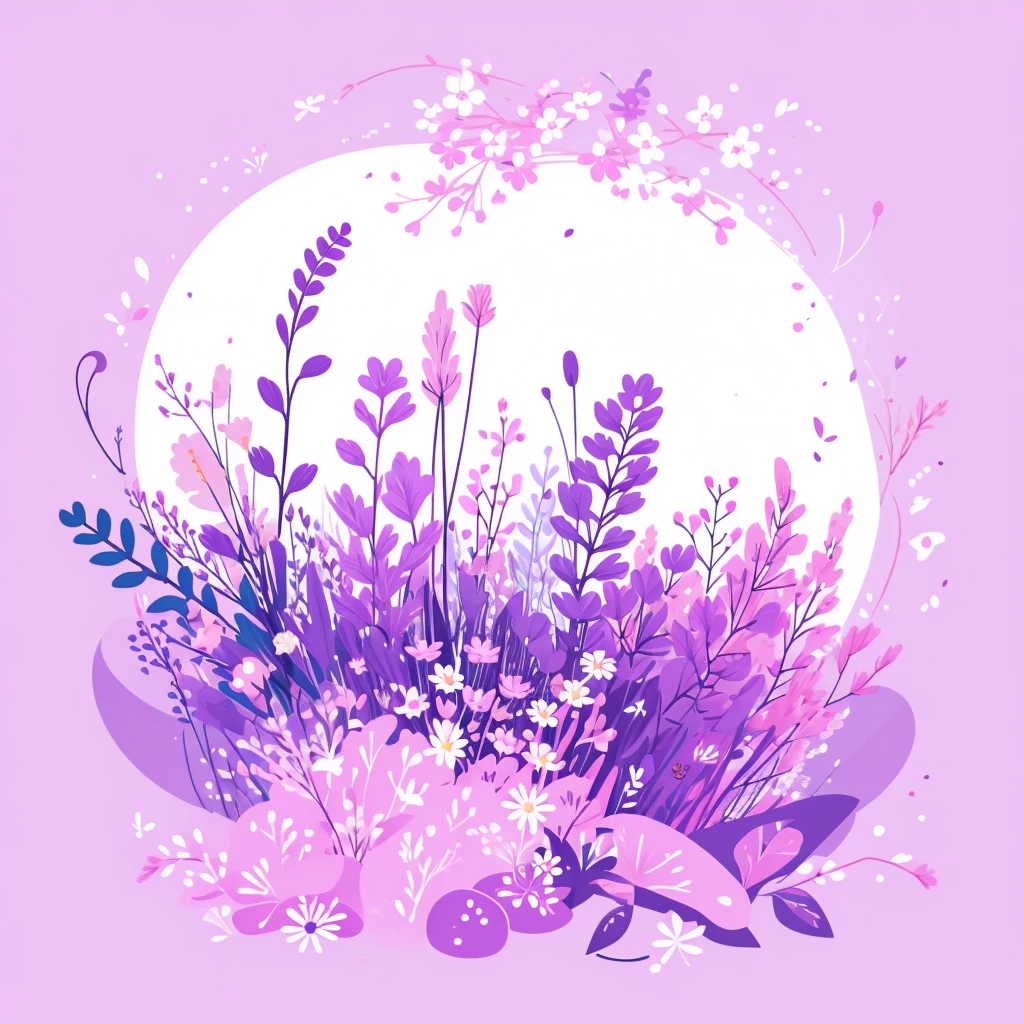 Abstract spring illustratin, minimal, vector, combination of natural and geometric, two-dimensional, using pale violet color tone, violet pastel color