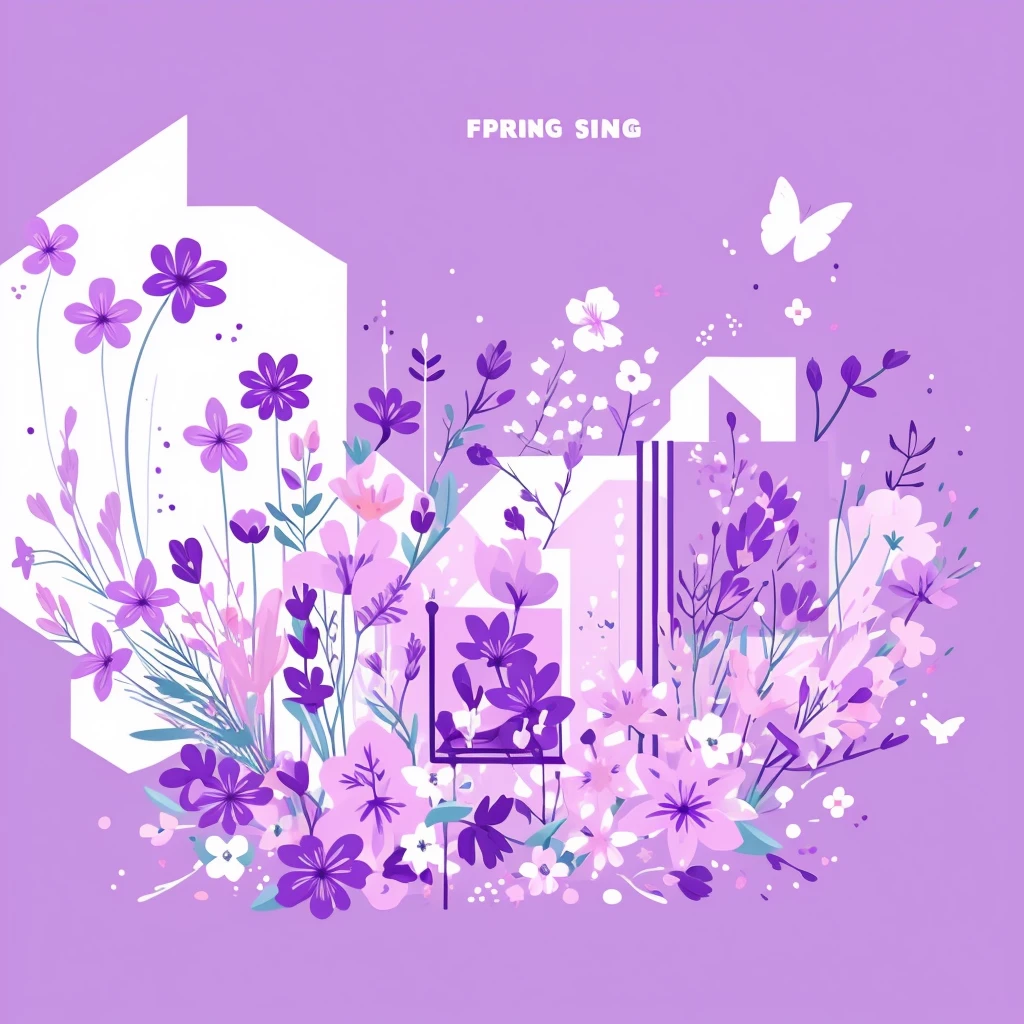 Abstract spring illustratin, minimal, vector, combination of natural and geometric, two-dimensional, using pale violet color tone, violet pastel color