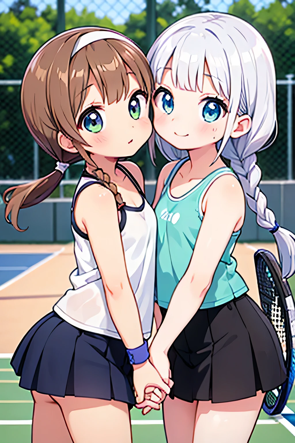 Highest quality、High resolution、Detailed Background、(Beautiful face in every detail:1.4)、Anatomically correct、(Detailed eyes:1.2)、 beauty、Cute hair colour、Braided Ponytail、Braided bob cut、Braided twin tails、A fun atmosphere、Friendship and fulfillment felt through tennis、Tennis court、

Running on the white coat, blown by the fresh wind、Strength in the hands that grip the racket、
Concentrate on each ball and hang on to your opponent、Immersed in the world of competition, my heart is racing、
Win or lose, hold hands with your friends、The bond of mutual admiration grows deeper、
The joy of sweaty skin、A dazzling smile blooms and fun times flow、

T-shirts and tank tops are recommended.、skirt、Shorts、Leggings etc.、
When it comes to skirts, short styles are the trend、White pleated tennis skirt、
Wristband、hair band、Socks etc.、Colorful and stylish design