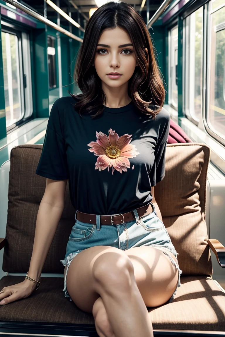 de primera calidad, masterpiece, alto detalle, calidad de imagen de 16k, Beautiful 40 year old Pakistani woman (Chloé Grace Moretz:milla Jovovich:0.5), rubor rojo, cabello corto, black-brown hair, ((pechos grandes y regordetes)):2.2, constricted waist, camiseta blanca de manga corta, shorts de mezclilla, diafragma, Sentado en un asiento largo junto a la ventanilla de un tren, sol brillante. ((Sos igual a Flor...mira!)):2.2. Me traicionaste ..y ahora te vas.... ((La jefa te echo....?)):2.5