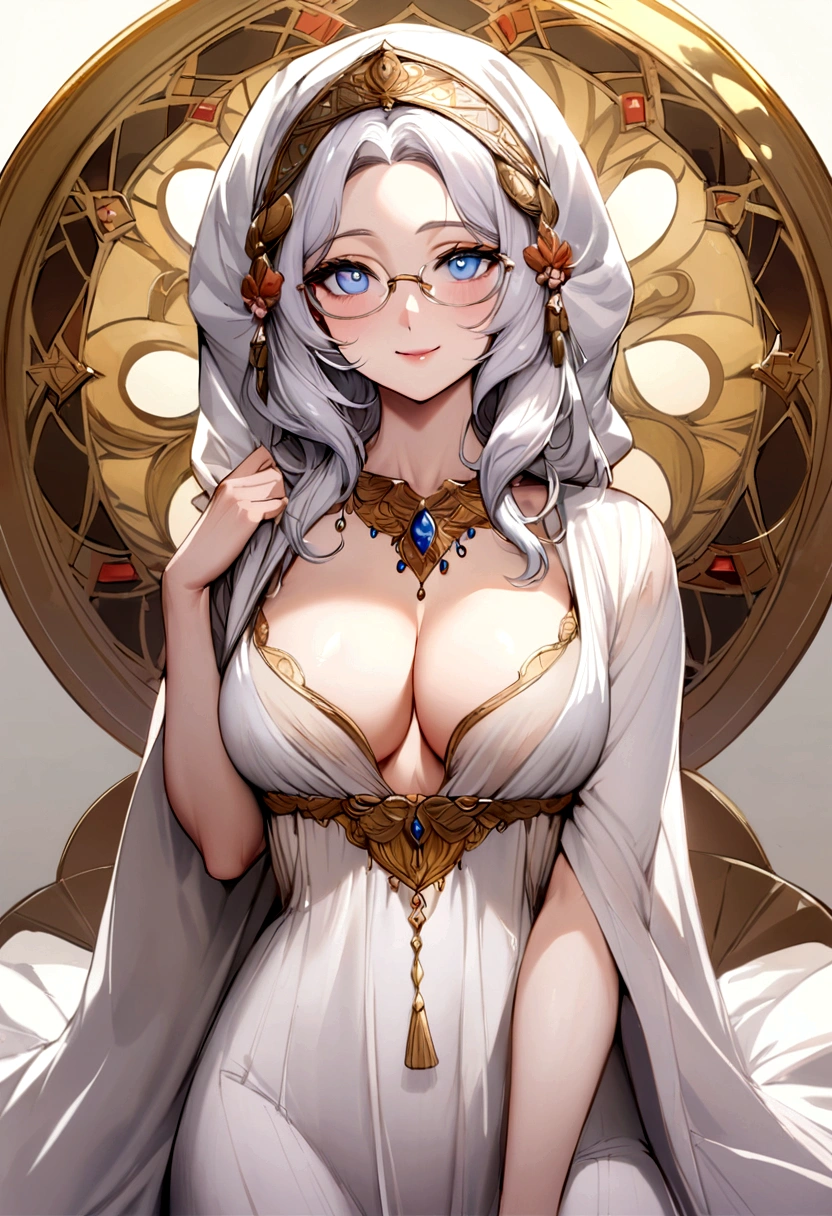 glasses, naked, no bra no clothes, cleavage, hijabi, Absurd, ultra-detailed, high quality, masterpiece, detailed face, beautiful eyes(detailed eyes), Greek mythology Goddess, Hestia, goddess of the hearth and home, gentle and graceful, face exudes warmth and kindness, eyes described as soft and comforting, gentle and steady gaze, overall appearance is simple and modest, The fabric of her garments is usually depicted as soft and earth-toned, beauty lies not in extravagant adornments, Her smile is serene and welcoming