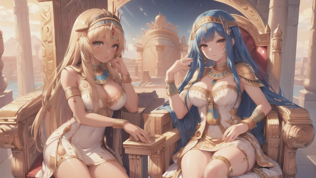 ((Highest quality)), ((masterpiece)), (Detailed face and eyes), Perfect Face, Accurate, Textured skin, Attention to detail, High resolution, Perfect body, Cleopatra, Queens of Ancient Egypt, Wearing a silk dress, Jewel crown, lipstick, Cowboy Shot, Sunburned skin, Brown Skin, Throne, From above
