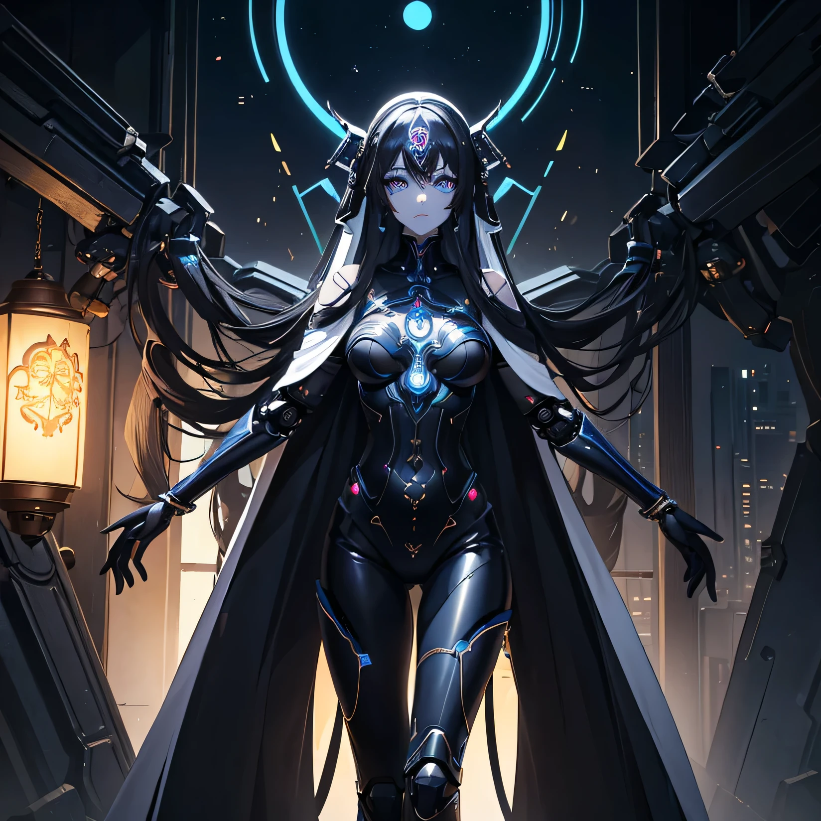 (masterpiece:1.2) (((32k))),(((Highest quality))),(Perfect One Woman) masterpiece, add_detail best quality, 1girl, goddess, sexy, Poster, Futuristic, robotic girl, Khali goddess, 8 arms, praying, half human half robot, blue shades