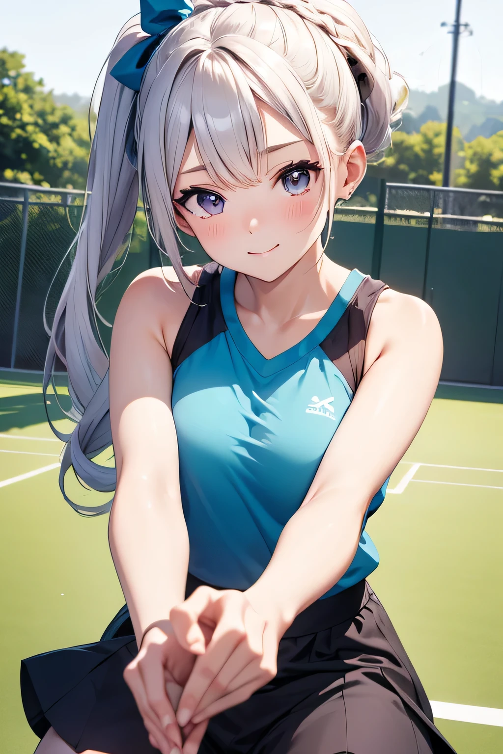 lighting like a movie、top-quality、Wearing sweat、Sweaty blonde hair ponytail、Girl playing tennis on tennis court、Holding a racket in your right hand、Hitting a tennis ball back、pink panty earthing sweatshirts、Rave face with transparent nipples、