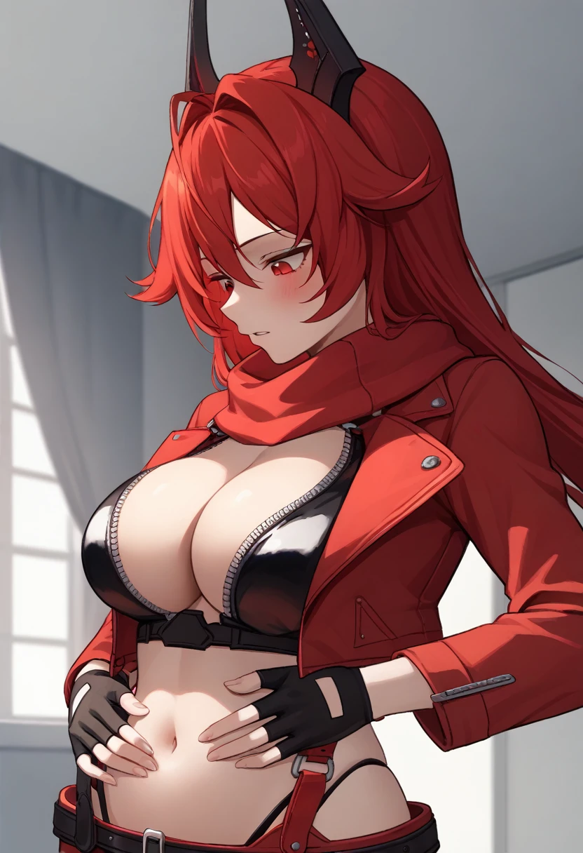 room, indoors, looking down,score_9, score_8_up, score_7_up, source_anime BREAK 1girl, solo, nikkeredhood, red hair, long hair, headgear, red eyes, blank stare, parted lips, half-closed eyes, red scarf, crop jacket, red jacket, black shrug \(clothing\), navel, midriff, zipper, cleavage, large breasts, fingerless gloves, belt, hip vent, standing, disgusting face, upper body, hand on stomach, hands on own stomach, blush