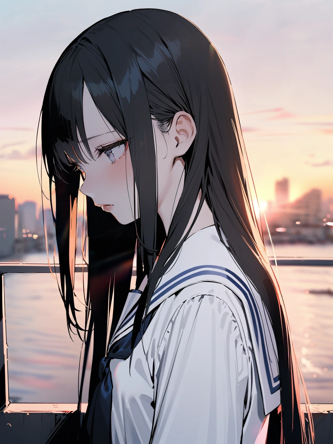 1 girl, alone, Long Hair,Black Hair,Looking at the audience,Mouth closed, , White eye,Black eyes,sunset,,Sailor suit, lips, eyelash,Depressed,sad,farewell,From the side, Compensate, Straight Hair,masterpiece,Very detailed