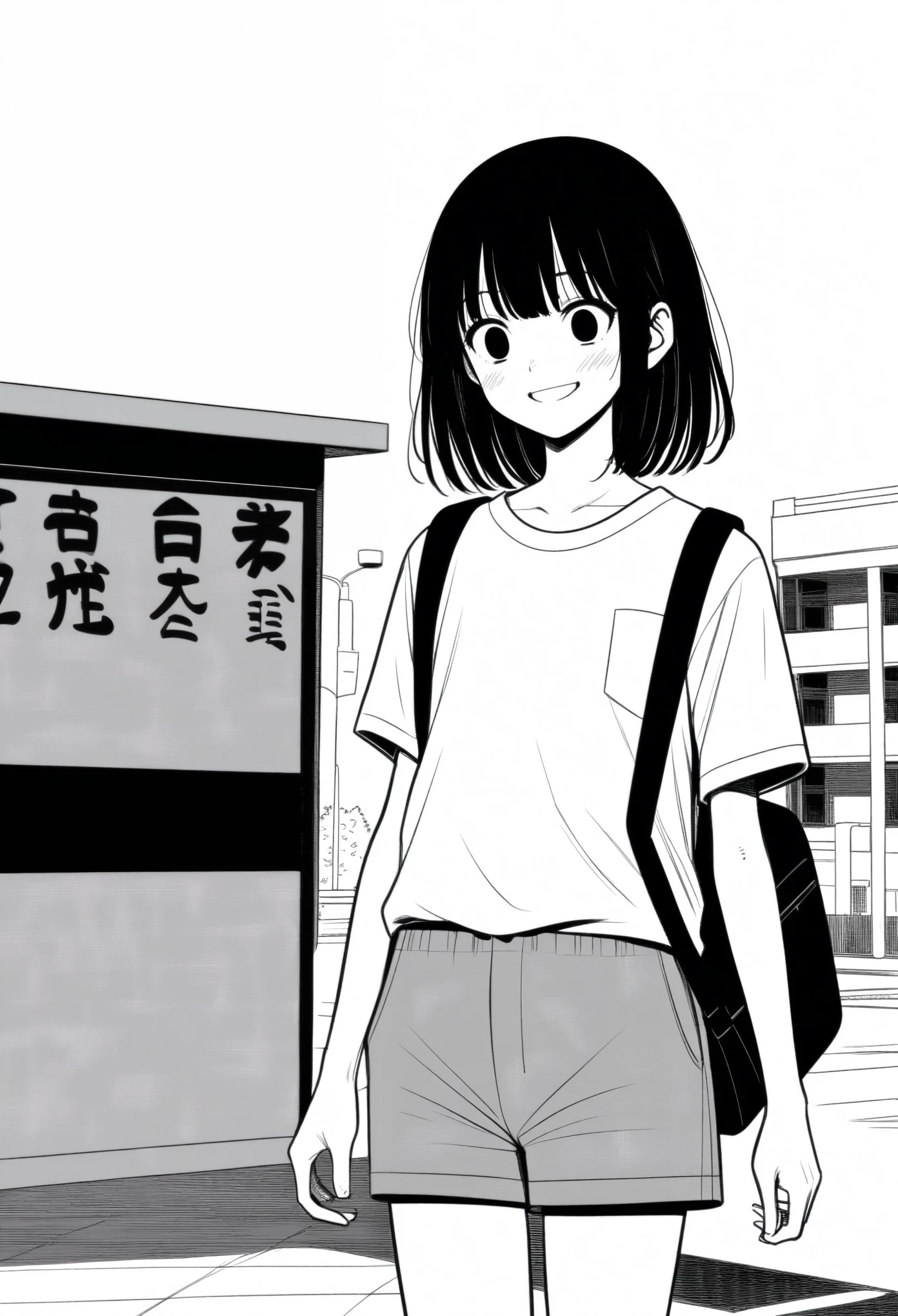 masterpiece, best quality, 1girl, mamerakkkkko, grayscale, manga style, japanese, chi no wadachi, black eyes, street, iced, black hair, schoolbag, smile, lineart, white background, white shirt, grey shorts, centered, 18 years old, tall, fair skinned