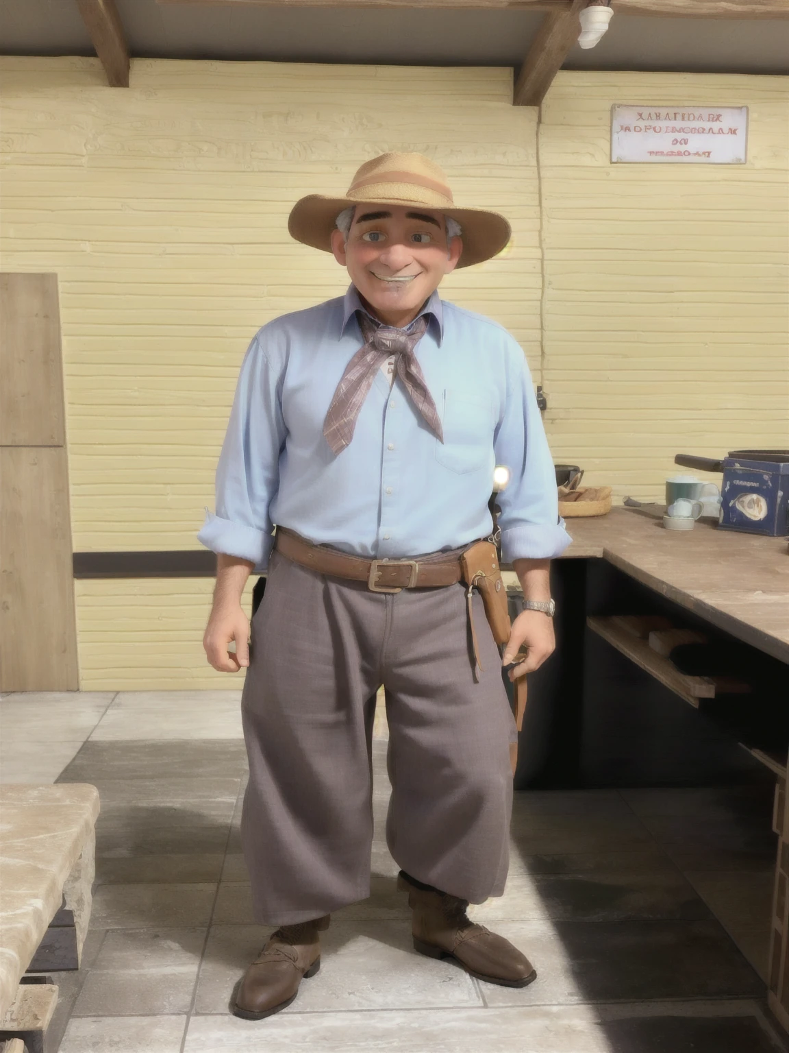 there is a man in a hat and tie standing in a kitchen, vestido como um xerife ocidental, 🤠 usando um 🖥, tema cowboy, vestindo roupas da era dos anos 10, estilo jean giraud, estilo vaqueiro, dressed like in the 1940s, taken at the beginning of 2020, usando roupas 1 8 5 0 s