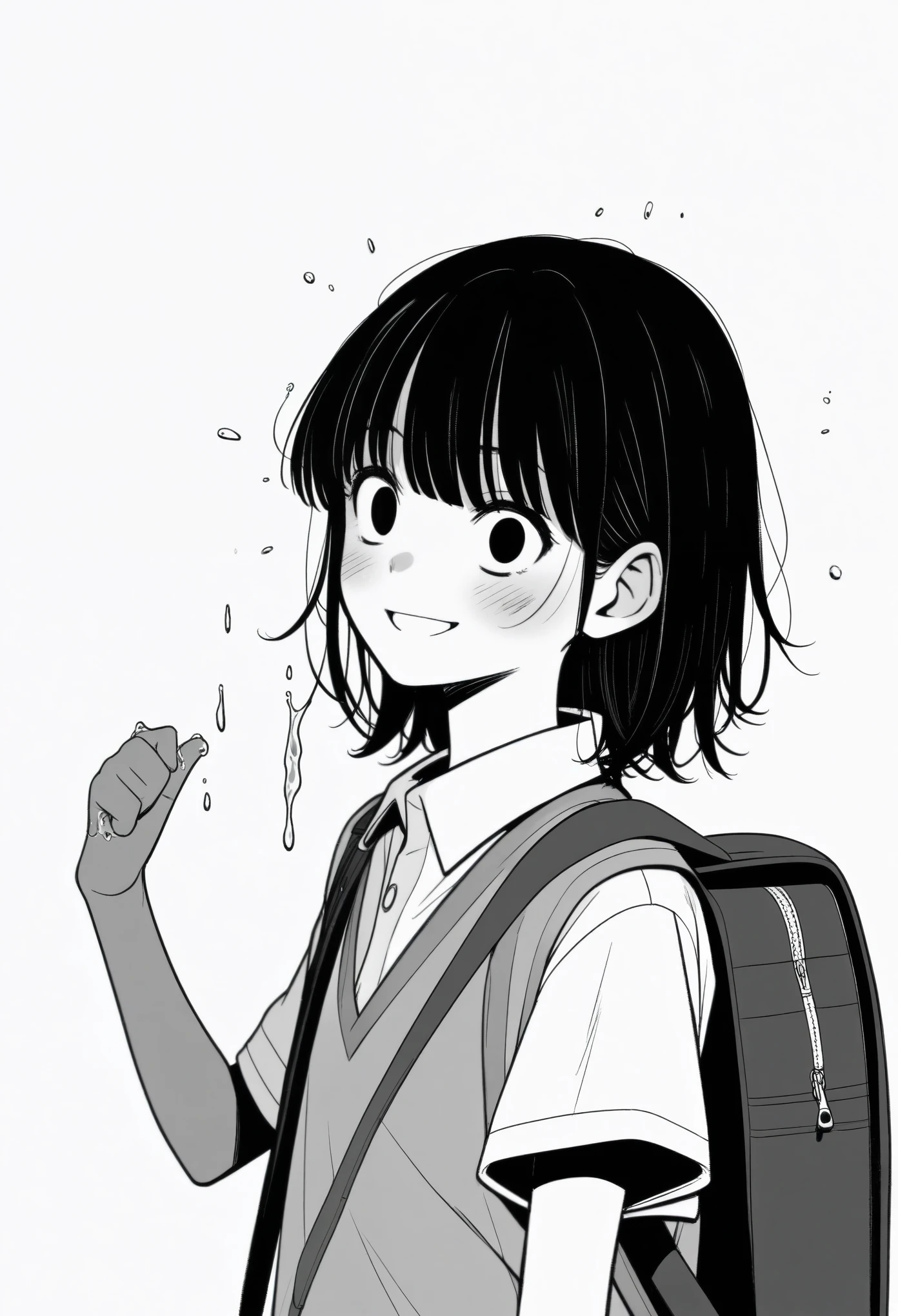 masterpiece, best quality, 1girl, mamerakkkkko, grayscale, manga style, japanese, chi no wadachi, black eyes, street, iced, black hair, schoolbag, smile, lineart, white background, white shirt, grey shorts, centered, 18 years old, tall, fair skinned