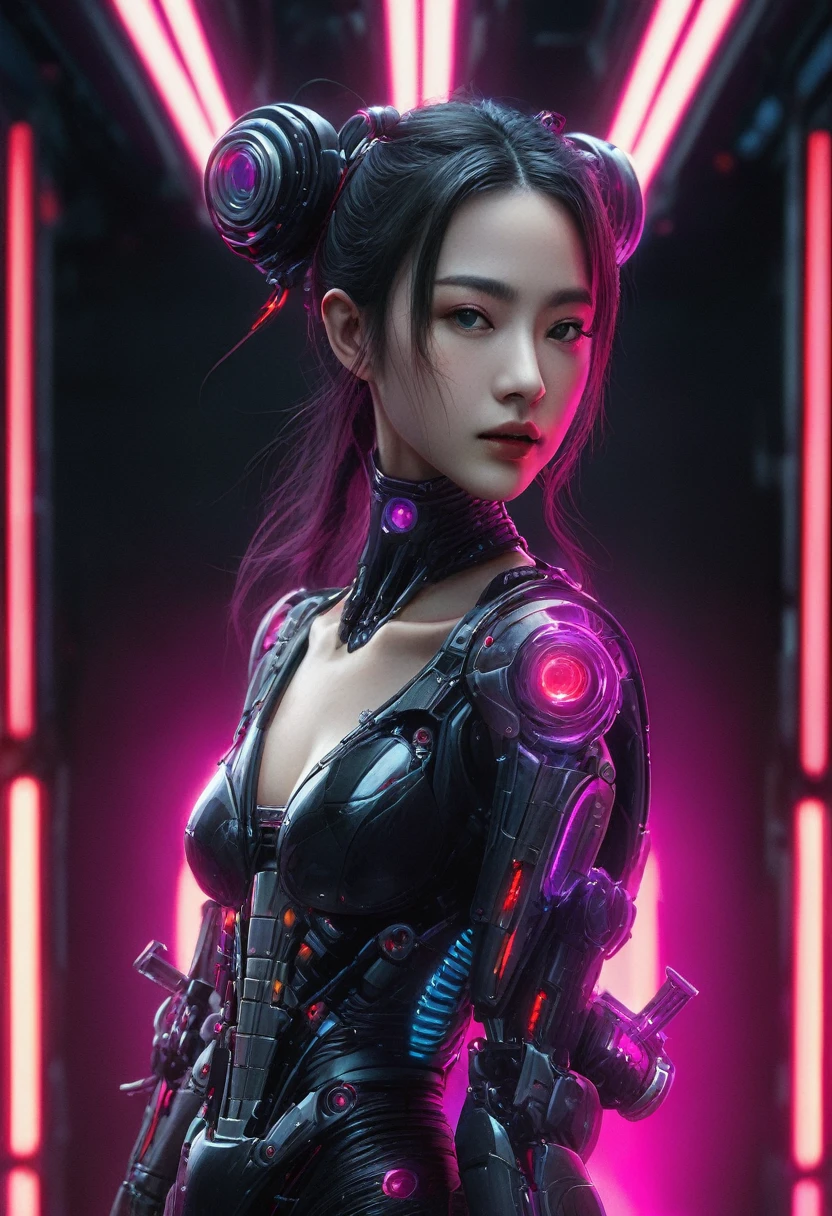 xxmixgirl. Highly detailed professional 35mm film, bokeh, face in sharp focus. A robotic female, Miku, with ((metal skin)), ((perfect Asian eyes)) with magenta irises and ((black pupils)), beautiful serious (detailed face), 18 year old ((photorealistic face)), very long magenta twin tails of magenta hair, twin black hair ties with a single red stripe. She may have a black audio headpiece. We can see her ((full body)) down to her boot soles. Her outfit is a sleeveless collared light grey shirt, outlined in red around the frilled collar and hems. Shiny reflective ((metallic breast cups, dimpleless)), invisible nipples. She wears black sleeves with red hems that start around her upper arm and bellow out as the sleeves open and extend to her wrists, with wide trumpet red rimmed cuffs. She has perfect robotic (detailed hands). She wears a red colored tie with two horizontal solid parallel black lines halfway across. She wears a fabric black skirt with a horizontal red hem at the bottom all the way around; her (((black skirt wraps around her))) and ((her skirt completely covers)) her robotic waist and thighs. Tall black boots with red bottom soles, a red rim around the top at her thighs. Her mechanical shoulder joints are visible. We can see her robotic legs and robotic neck. Half of her is covered with shiny polished machinery. The background is a distant dark neon futuristic Japanese city, gold, cyan, violet neon, near harbor or mountains.