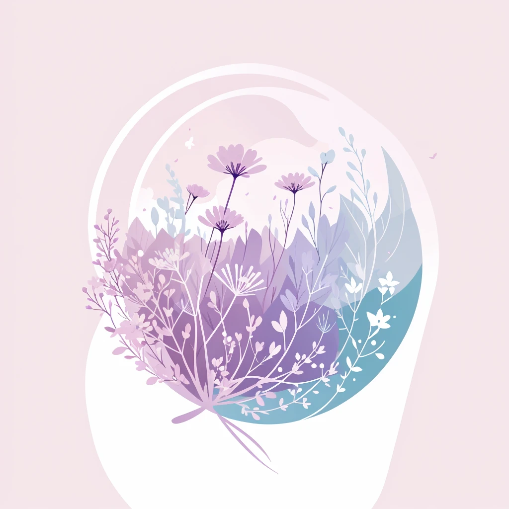 Abstract spring illustratin, minimal, vector, combination of natural and geometric, two-dimensional, using pale violet color tone, violet pastel color
