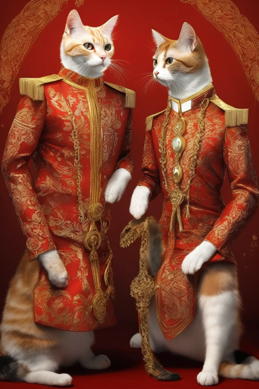 Gatos elegantes, y algunos muy bizantinos, al estilo de los rusos ortodoxos. fondo rojo y halo dorado.