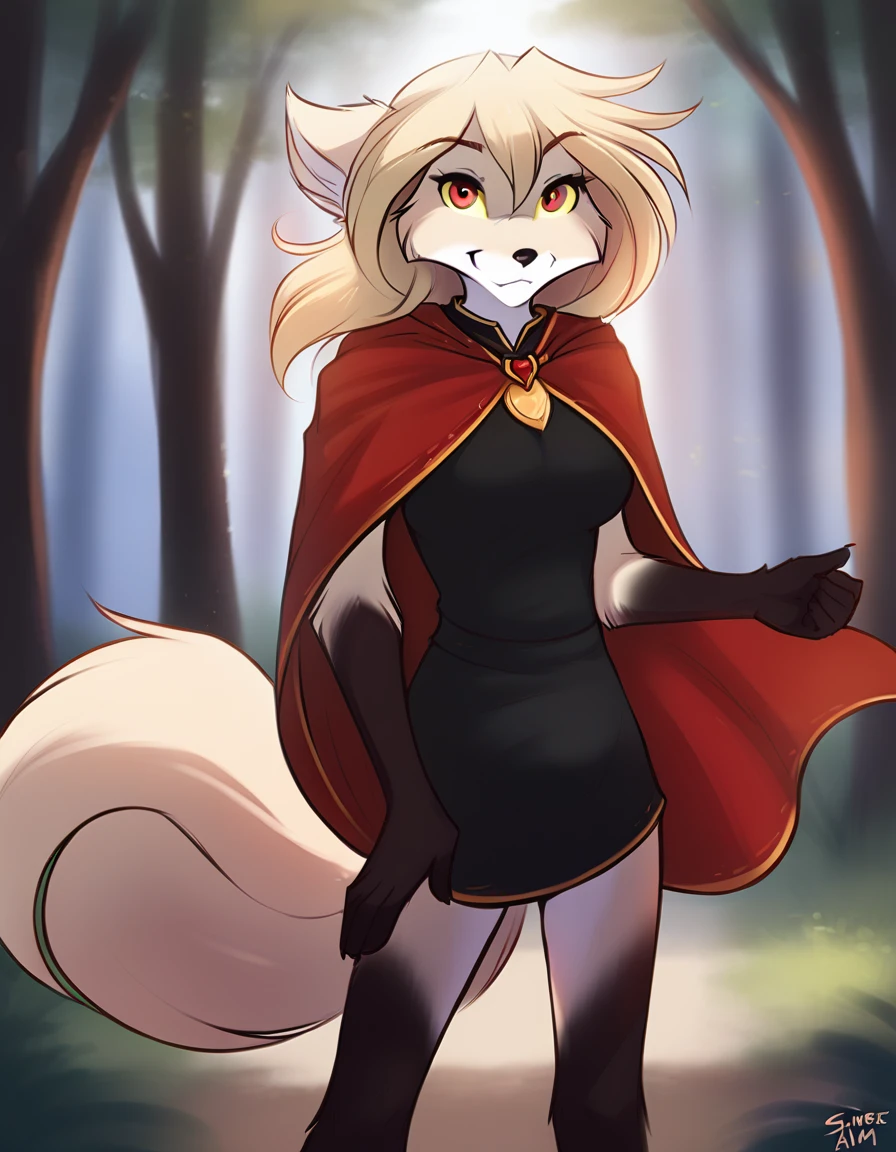 solo, tkclovis, canine, keidran, anthro, mammal, hair, fox, tail, red eyes, yellow sclera, blond hair,, female, furry female anthro, 1girl,, gloves \\\\(marking\\\\)\, full colour, clovis_(twokinds), twokinds, personalami, rating:safe, arm_tuft, breasts, by tom_fischbach,, (best quality, masterpiece:1),  portrait, fingers, looking at viewer, (outdoors dark forest trees blurry blurred background:1.1), red and black cape, vore    large   belly  inside   trace  huamn   belly   moves  