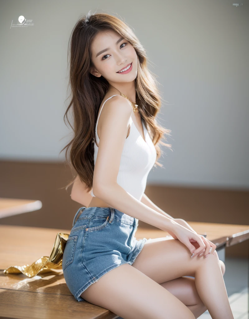 ((masterpiece, Best image quality, High resolution、alone、Skin glows))(On the table, Highest quality, Actual, Very detailed, Scrupulous, High resolution, 8k wallpaper), Close up portrait of beautiful woman, like, smile, Light brown messy hair, Perfect dynamic composition, 美丽Scrupulous的眼睛, Just like the cover of a fashion magazine, On campus，Gorgeous outfit，Gold leaf clothing，jeans