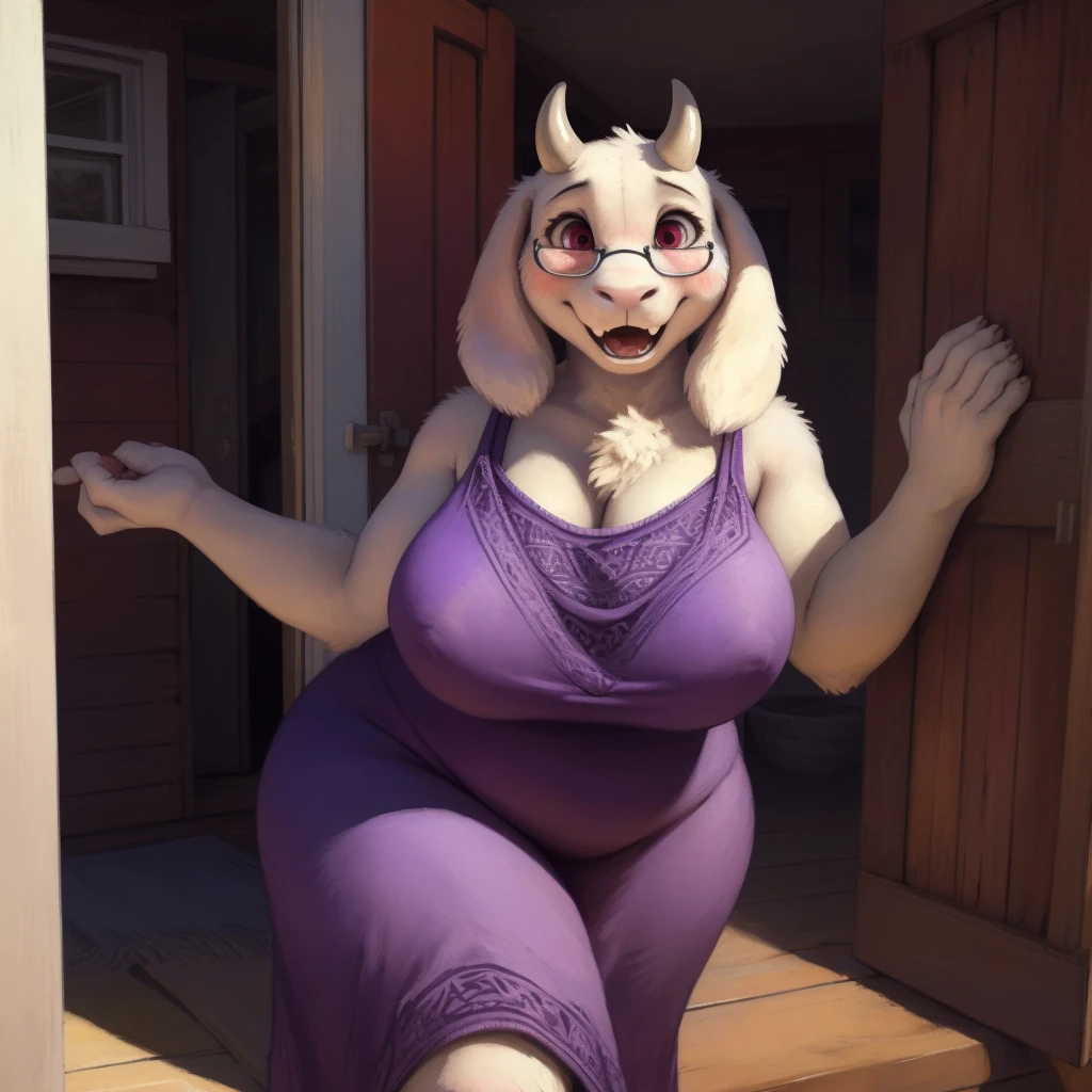 [toriel], [Undertale], [Uploaded to e621.net; (Pixelsketcher), (wamudraws), (woolrool)], ((masterpiece)), ((HD)), ((high quality)), ((solo portrait)), ((front view)), ((feet visible)), ((furry; anthro)), ((detailed fur)), ((detailed shading)), ((beautiful render art)), ((intricate details)), adult, mature, {anthro goat; white fur, white nose, (cute maroon eyes), (short eyelashes), (short goat horn), short fluffy tail, (big ), (gorgeous wide hips), (thick thighs), (kenket), (open mouth, blush, glasses), (surprise), (frown)}, {(big , big , big boobs), (dress, purple dress:1.2), (big butt), (white rune on chest)}, {(standing)), (free hands), (looking at viewer)}, [background; (outside house, open door), (ambient lighting)]
