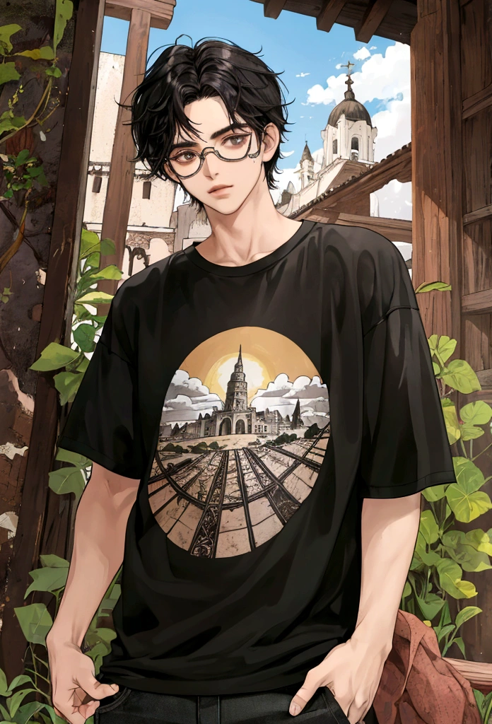 Um garoto de oculos escuros, Messy black hair, vestindo uma camiseta preta, moletom marrom, luvas pretas sem dedos, paisagem de cidade no fundo