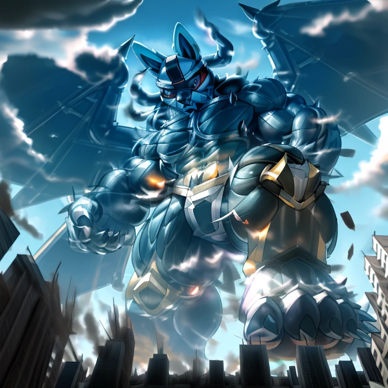 (masterpiece. official art. 8k. best quality. detailed full body. full body.)
A man in stylish armor fights against the magnificent biomechanical LUCARIO.
(situation 1 : dominating LUCARIO. focus GIANT mechanical Muscular LUCARIO is trampling the CITY. macro. stomp. Low-angle perspective. emphasizing the immense size. The perspective is from below, emphasizing the sheer majesty and power of the Giant. giant art. He is much bigger than a skyscraper. Giga Giants. micro soccer field. looking down. Trample.)
(situation 2 :smoke and flames rising from the destruction in the city)
(Additional details 1: wearing a full-face helmet. helmet is jet black. The color of NANOSUIT is jet black. high-tech bio-mecha armor. real texture material. whole body shines like metal. Wearing cyberpunk mecha. emphasizes the muscles. suit fully made of metal. intricate armor. Robotic suit. suit fully made of metal. NANOSUIT with the same design as LUCARIO.).
(Additional details 2: (Detailed head. Detailed Body. Detailed abs. gigantic muscles. HYPER MUSCLES. Gigachad Muscular. big muscle. pecs. triceps. traps. unusually developed muscular body. body full of huge muscles. showing off muscles. pectorales enormes. Exaggeratedly huge muscles. huge muscles. long legs.).
(Additional details 3: nj5furry, Spread wings. It has wings. black have big wings. The claws are sharp. Sharp teeth.5 toes.).
