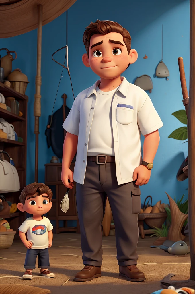 Retrato realista de um garoto de sete anos, ele usa uma camisa preta, your hair is brown and your face is sad. Behind him is an adult man who is a fisherman and has a fishing rod., uma mulher adulta e um pouco gorda, um garoto ruivo de sete anos e um gato