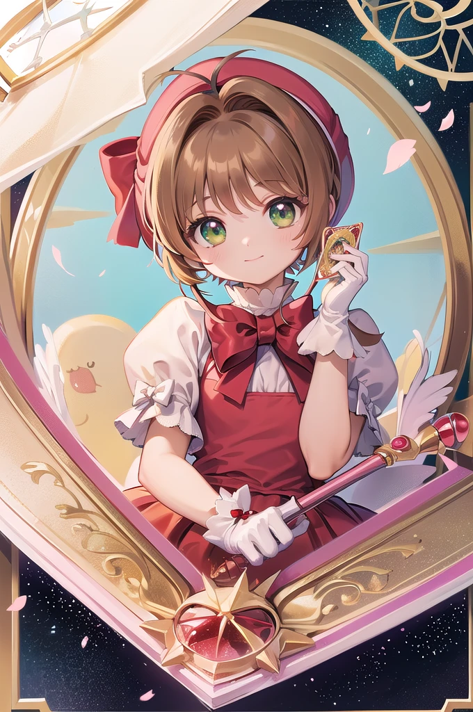 ((Highest quality)), ((masterpiece)), (be familiar with), Perfect Face, Big eyes, Drooping eyes, eyelash, The sparkling light of the eyes , (card captor sakura), (kinomoto sakura), green eyes, short brown hair, red dress, puffy short sleeves, white gloves, red bow, white thighhighs, (mini skirt), medium breasts, smile, closed mouth