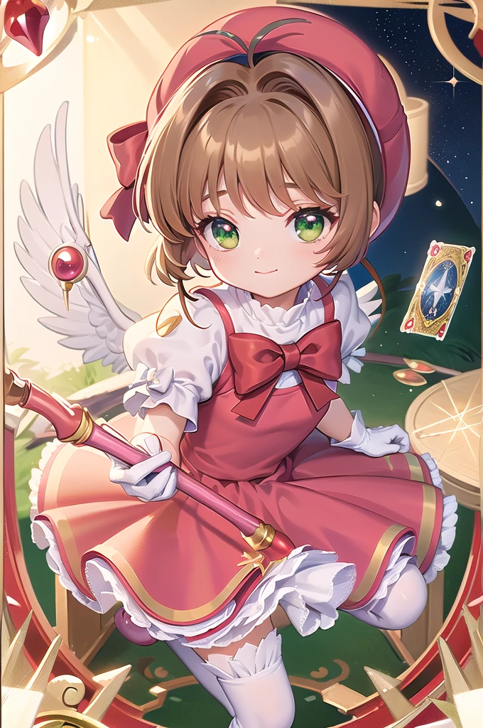 ((Highest quality)), ((masterpiece)), (be familiar with), Perfect Face, Big eyes, Drooping eyes, eyelash, The sparkling light of the eyes , (card captor sakura), (kinomoto sakura), green eyes, short brown hair, red dress, puffy short sleeves, white gloves, red bow, white thighhighs, (mini skirt), medium breasts, smile, closed mouth