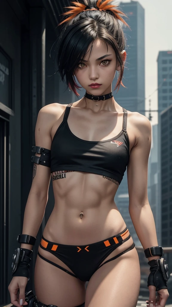 solo, 1girl, (masterpiece), (( appearance)), mohalk punk hair, small breasts, yellow eyes, ((detailed eyes)), (athletic body), (simple black cropped), small sexy micro black top with red details, Looking at the screen, orange lipstick, visible abs, small micro kinky thong, navel, (collarbone), (cyberpunk scenery background)