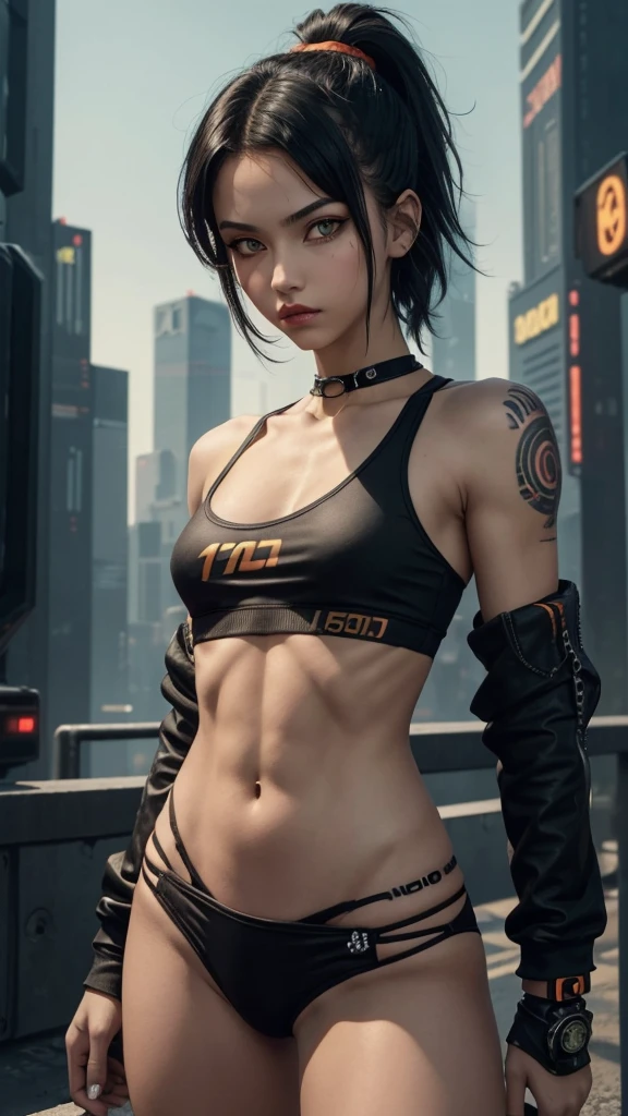 solo, 1girl, (masterpiece), (( appearance)), mohalk punk hair, small breasts, yellow eyes, ((detailed eyes)), (athletic body), (simple black cropped), small sexy micro black top with red details, Looking at the screen, orange lipstick, visible abs, small micro kinky thong, navel, (collarbone), (cyberpunk scenery background)