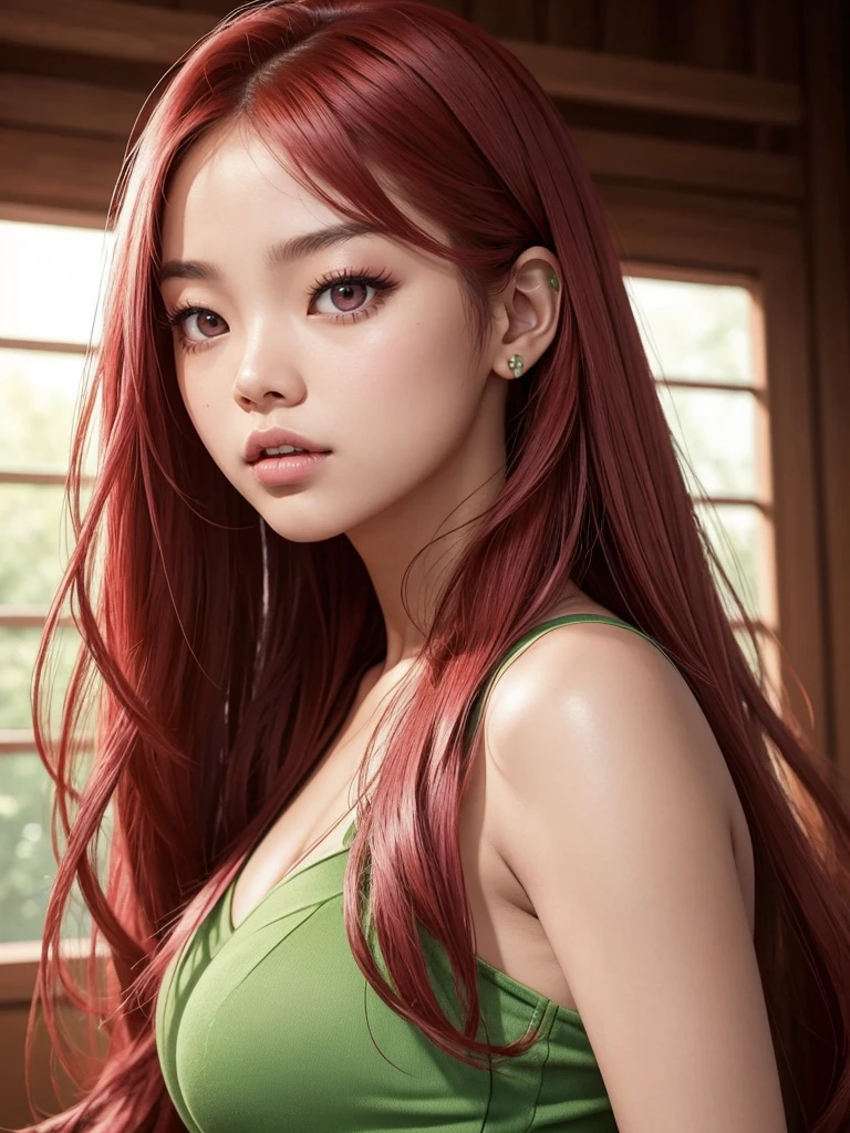 A woman pregnant glowing skin, lips, sacimaer detailed skin, with five fingers normal on the hands Beautiful face and detailed pink eyes, Spotlight, professional lighting, 1 girl, Alone, long hair, wearing a green outfit, natural pose, lips, indoor, realistic, I want the whole image be created, face and body of blackpink's Jennie kim with red hair and in four places with different poses doing random things
