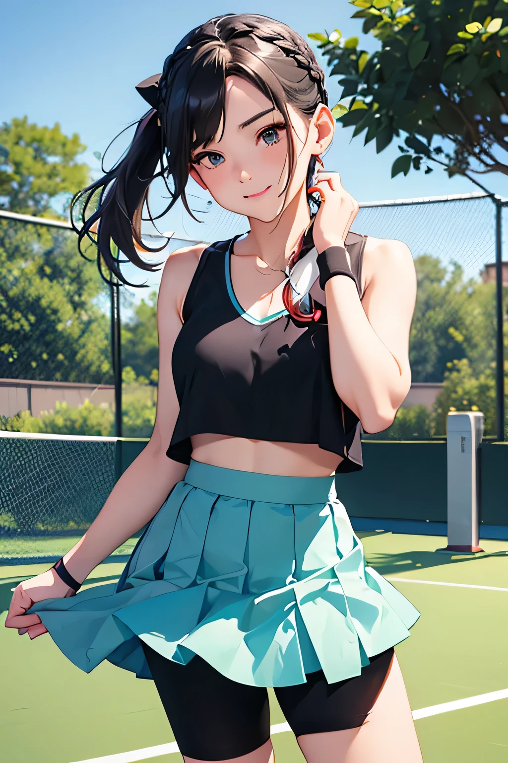 Highest quality、High resolution、Detailed Background、(Beautiful face in every detail:1.4)、Anatomically correct、(Detailed eyes:1.2)、Teenage beauty、Cute hair colour、Braided Ponytail、Braided bob cut、Braided twin tails、A fun atmosphere、Friendship and fulfillment felt through tennis、Tennis court、
Running on the white coat, blown by the fresh wind、Strength in the hands that grip the racket、
Concentrate on each ball and hang on to your opponent、Immersed in the world of competition, my heart is racing、
Win or lose, hold hands with your friends、The bond of mutual admiration grows deeper、
The joy of sweaty skin、A dazzling smile blooms and fun times flow、
T-shirts and tank tops are recommended.、skirt、Shorts、Leggings etc.、
When it comes to skirts, short styles are the trend、White pleated tennis skirt、
Wristband、hair band、Socks etc.、Colorful and stylish design