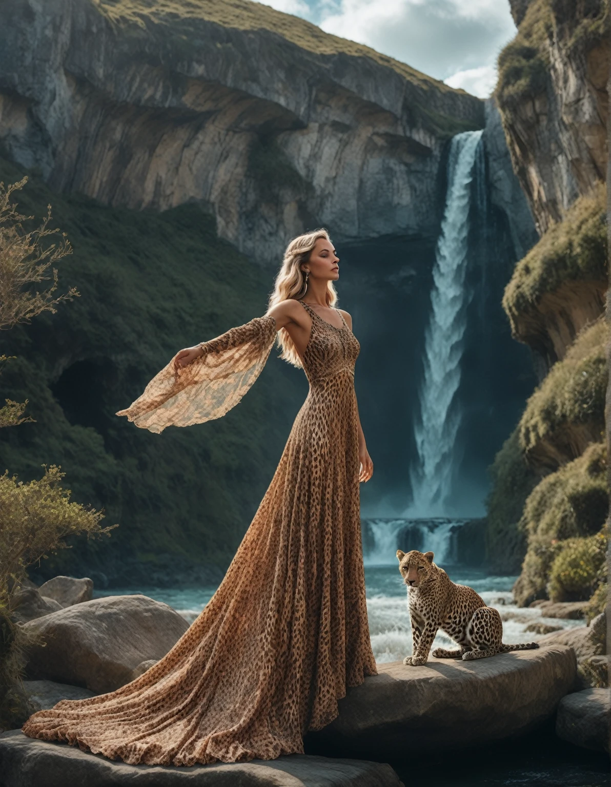 Second Image: A surreal, fantasy-inspired scene featuring a woman and a leopard, both adorned with elaborate floral patterns that blend into their forms. The woman, in a flowing dress detailed with leopard spots, dances amidst a fantastical landscape with lush, floral-covered cliffs and waterfalls in the background, creating an ethereal and dream-like ambiance.