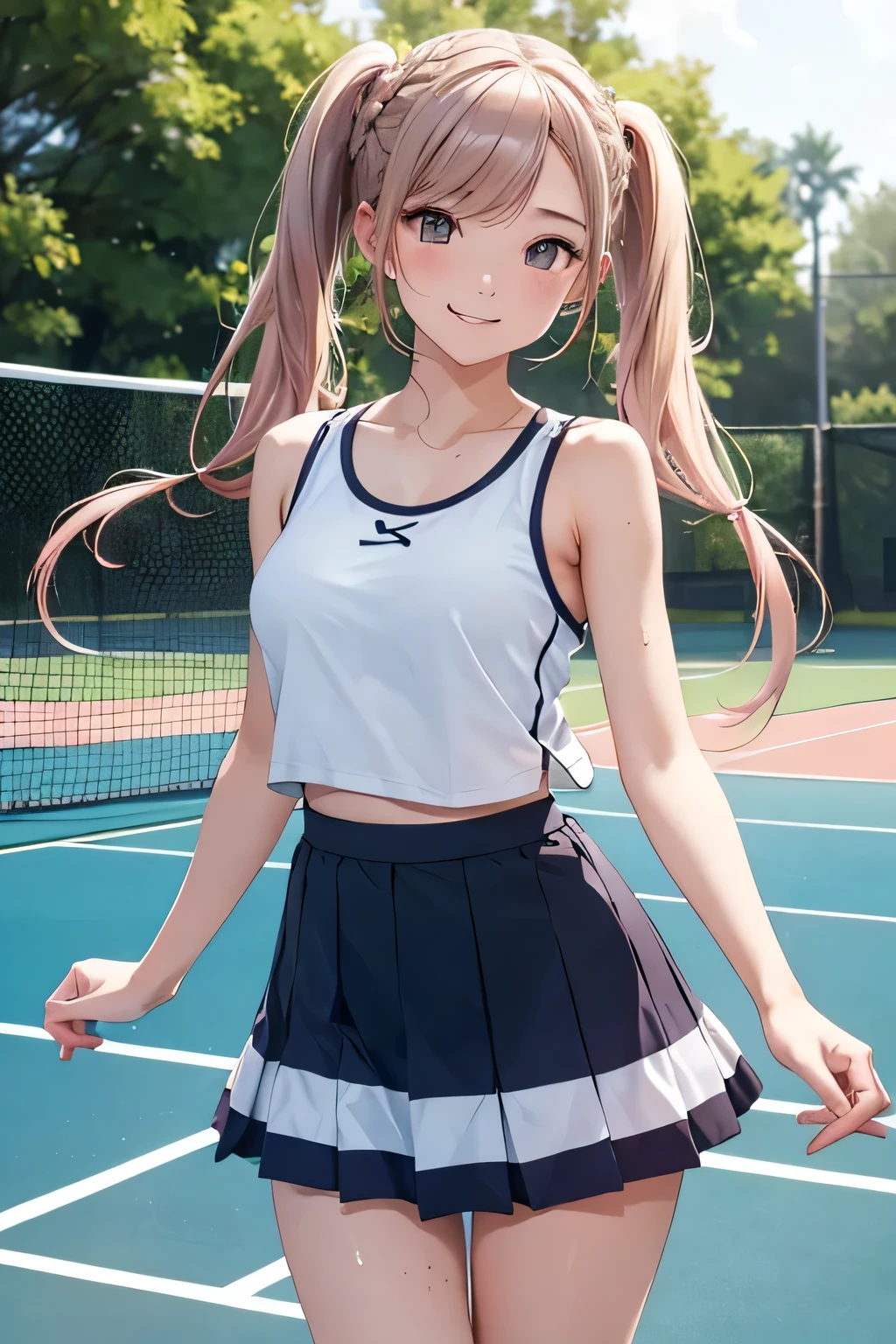 Highest quality、High resolution、Detailed Background、(Beautiful face in every detail:1.4)、Anatomically correct、(Detailed eyes:1.2)、Teenage beauty、Cute hair colour、Braided Ponytail、Braided bob cut、Braided twin tails、A fun atmosphere、Friendship and fulfillment felt through tennis、Tennis court、
Running on the white coat, blown by the fresh wind、Strength in the hands that grip the racket、
Concentrate on each ball and hang on to your opponent、Immersed in the world of competition, my heart is racing、
Win or lose, hold hands with your friends、The bond of mutual admiration grows deeper、
The joy of sweaty skin、A dazzling smile blooms and fun times flow、
T-shirts and tank tops are recommended.、skirt、Shorts、Leggings etc.、
When it comes to skirts, short styles are the trend、White pleated tennis skirt、
Wristband、hair band、Socks etc.、Colorful and stylish design