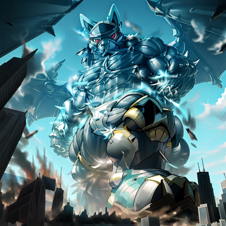 (masterpiece. official art. 8k. best quality. detailed full body. full body.)
A man in stylish armor fights against the magnificent biomechanical LUCARIO.
(situation 1 : dominating LUCARIO. focus GIANT mechanical Muscular LUCARIO is trampling the CITY. macro. stomp. Low-angle perspective. emphasizing the immense size. The perspective is from below, emphasizing the sheer majesty and power of the Giant. giant art. He is much bigger than a skyscraper. Giga Giants. micro soccer field. looking down. Trample.)

(situation 2 :smoke and flames rising from the destruction in the city)

(Additional details 1: wearing a full-face helmet. helmet is jet black. The color of NANOSUIT is jet black. high-tech bio-mecha armor. real texture material. whole body shines like metal. Wearing cyberpunk mecha. emphasizes the muscles. suit fully made of metal. intricate armor. Robotic suit. suit fully made of metal. NANOSUIT with the same design as LUCARIO.).

(Additional details 2: (Detailed head. Detailed Body. Detailed abs. gigantic muscles. HYPER MUSCLES. Gigachad Muscular. big muscle. pecs. triceps. traps. unusually developed muscular body. body full of huge muscles. showing off muscles. pectorales enormes. Exaggeratedly huge muscles. huge muscles. long legs.).

(Additional details 3: nj5furry, Spread wings. It has wings. black have big wings. The claws are sharp. Sharp teeth.5 toes.). 