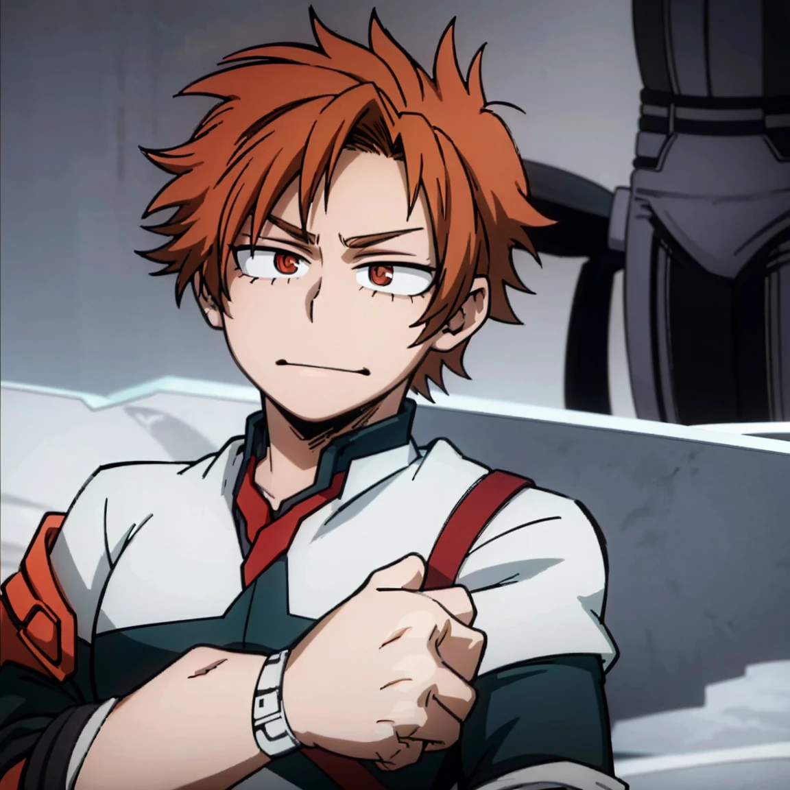 1boy, male focus, boku no hero academia, masterpiece, best quality, very aesthetic, muscular body, short low ponytail hair, deep orange hair, scarlet eyes, smirk, gray jacket, unbuttoned collar, white shirt, teal pants, boots