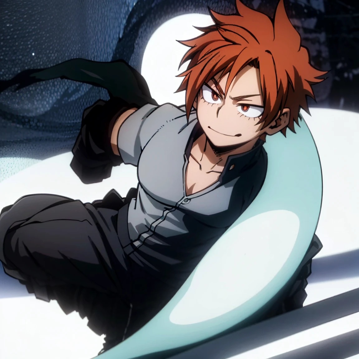 1boy, male focus, boku no hero academia, masterpiece, best quality, very aesthetic, muscular body, short low ponytail hair, deep orange hair, scarlet eyes, smirk, gray jacket, unbuttoned collar, white shirt, teal pants, boots 