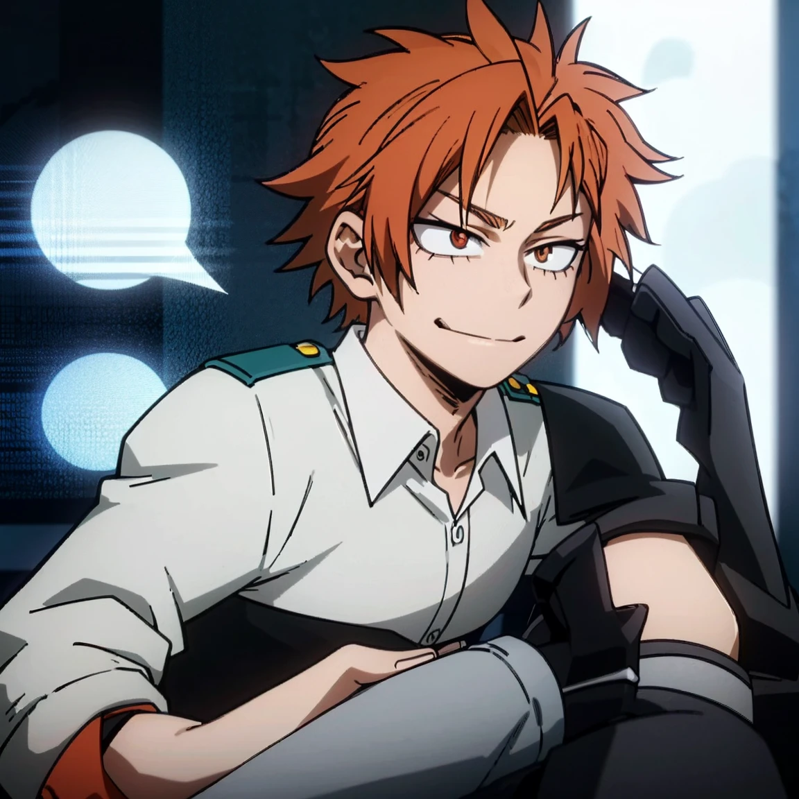 1boy, male focus, boku no hero academia, masterpiece, best quality, very aesthetic, muscular body, short low ponytail hair, deep orange hair, scarlet eyes, smirk, gray jacket, unbuttoned collar, white shirt, teal pants, boots 