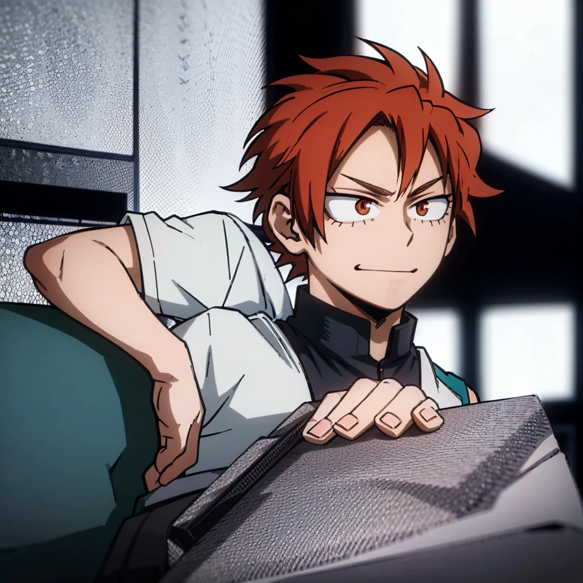 1boy, male focus, boku no hero academia, masterpiece, best quality, very aesthetic, muscular body, short low ponytail hair, deep orange hair, scarlet eyes, smirk, gray jacket, unbuttoned collar, white shirt, teal pants, boots 