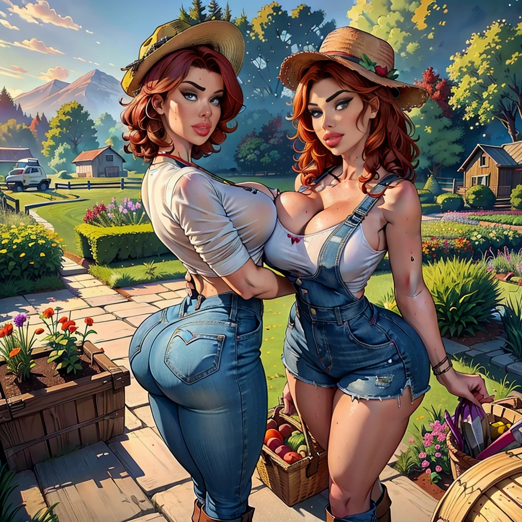 (best quality,4k,8k,highres,masterpiece:1.2),ultra-detailed,realistic,red-haired girl with freckles,beautiful detailed eyes and face,smug expression,sassy attitude,cute girl,curly red hair,plaid shirt,denim overalls,hat,farmer boots,brown curly hair,long eyelashes,thick booty,farm background,holding a basket of fresh vegetables,gardening tools,morning sunlight,vivid colors,rustic style,soft lighting