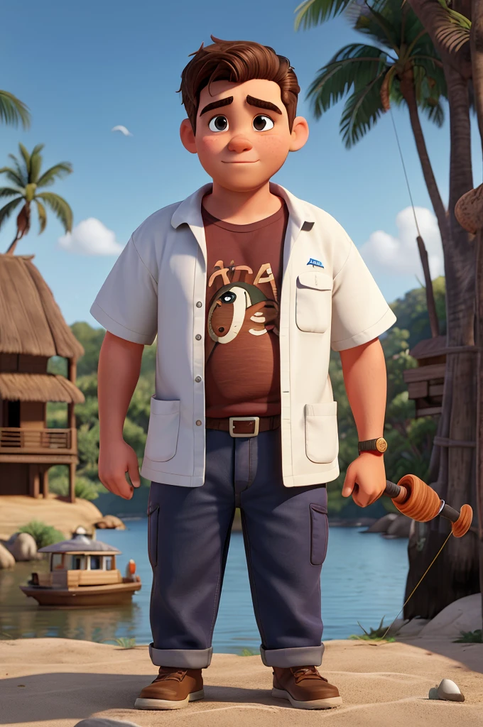 Retrato realista de um garoto de sete anos, ele usa uma camisa preta, your hair is brown and your face is sad. Behind him is an adult man who is a fisherman and has a fishing rod., uma mulher adulta e um pouco gorda, um garoto ruivo de sete anos e um gato.