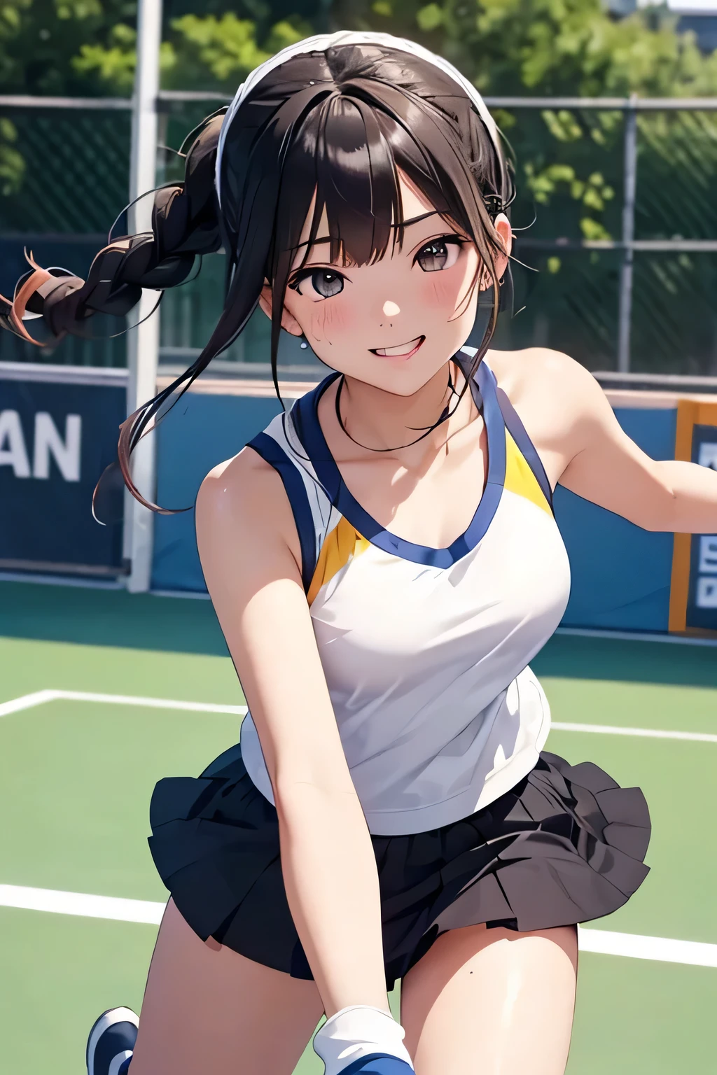 Highest quality、High resolution、Detailed Background、(Beautiful face in every detail:1.4)、Anatomically correct、(Detailed eyes:1.2)、 beauty、Cute hair colour、Braided Ponytail、Braided bob cut、Braided twin tails、A fun atmosphere、Friendship and fulfillment felt through tennis、Tennis court、

Running on the white coat, blown by the fresh wind、Strength in the hands that grip the racket、
Concentrate on each ball and hang on to your opponent、Immersed in the world of competition, my heart is racing、
Win or lose, hold hands with your friends、The bond of mutual admiration grows deeper、
The joy of sweaty skin、A dazzling smile blooms and fun times flow、

T-shirts and tank tops are recommended.、skirt、Shorts、Leggings etc.、
When it comes to skirts, short styles are the trend、White pleated tennis skirt、
Wristband、hair band、Socks etc.、Colorful and stylish design