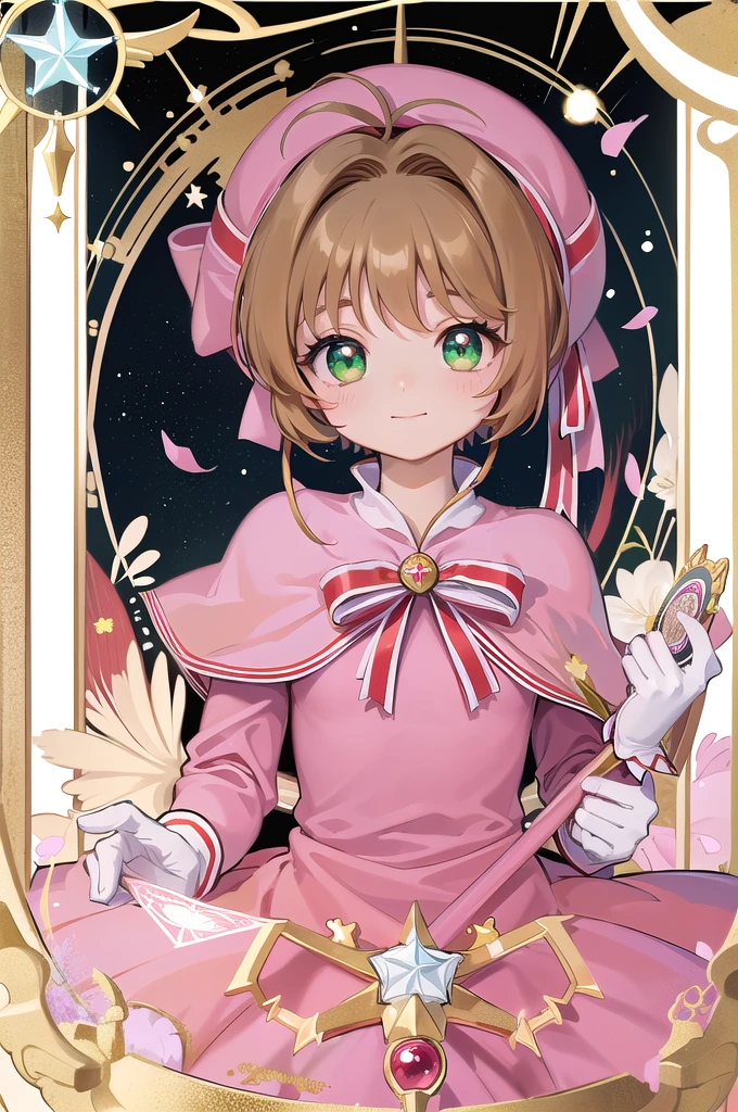 ((Highest quality)), ((masterpiece)), (be familiar with), Perfect Face, Big eyes, Drooping eyes, eyelash, The sparkling light of the eyes , (card captor sakura), (kinomoto sakura), green eyes, short brown hair, capelet, pink dress, striped ribbon, long sleeves, white gloves, (mini skirt), medium breasts, smile, closed mouth