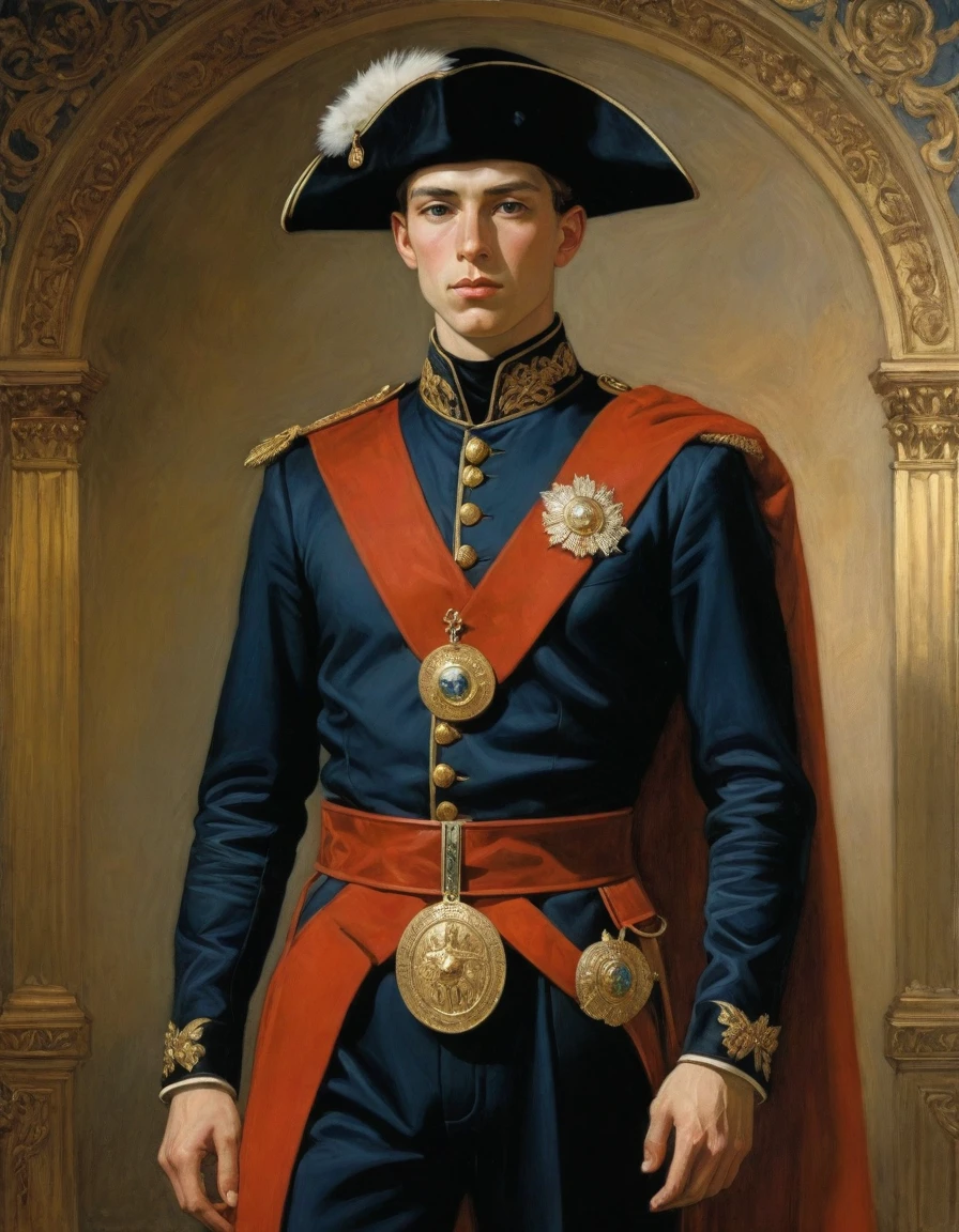 Design me a {{Colossal Masterpiece, high detail}}, a ((((full body portrait, male focus)))), ((by Moebius)), (by J. C. Leyendecker), the composition is: a very young male nobleman, sullen, facing viewer. He is wearing a fur hat. He is wearing a black Praetorian kit with Slavic elements, sashes, medals, red diamond medals.