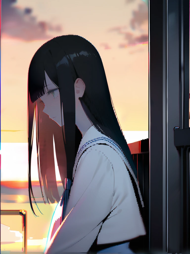 1 girl, alone, Long Hair,Black Hair,Looking at the audience,Mouth closed, , White eye,Black eyes,sunset,,Sailor suit, lips, eyelash,Depressed,sad,farewell,From the side, Compensate, Straight Hair,masterpiece,Very detailed